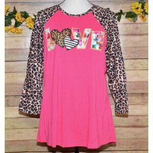 Southern Stitch Pink Raglan Cheetah Print Sleeve Top T-Shirt LOVE Graphic Size L